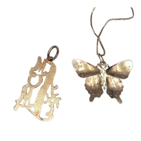 2 pc 14k yellow gold mom & butterfly pendants - image 1