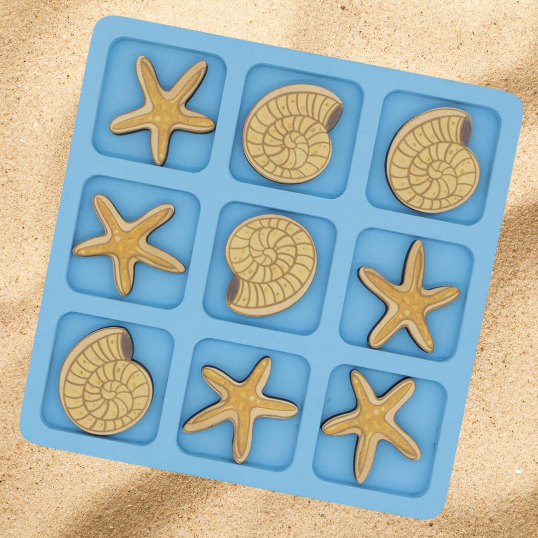 WOOBLI Beach Tic Tac Toe Game - Coastal Wooden Board With Sea Star Vs Shell Pieces, Perfect Beach House Decor