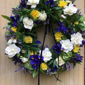 24" Summer Wreath, Purple Irises, White Gardenias, Yellow Marigolds, Lavender Berries, Grapevine Base
