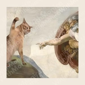 The Creation of Adam Cat PNG, Parody Famous Painting Cat Design, Renaissance Art Meme With Whimsical Kitty Illustration