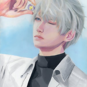 May include: An oil painting depicting a person with silver hair and blue eyes, winking. They wear a white jacket over a black turtleneck. A hand holds a small, round object with a yellow star design. The background is a light blue.