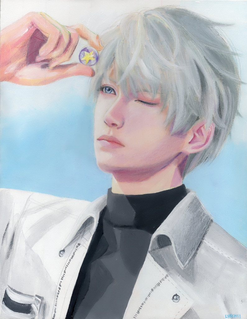 May include: An oil painting depicting a person with silver hair and blue eyes, winking. They wear a white jacket over a black turtleneck. A hand holds a small, round object with a yellow star design. The background is a light blue.