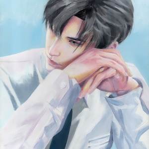 May include: An oil painting depicting a person in a white shirt and dark tie, with dark hair and pale skin. The person is resting their head on their hands, against a light blue backdrop. The artwork is signed in the bottom right corner.