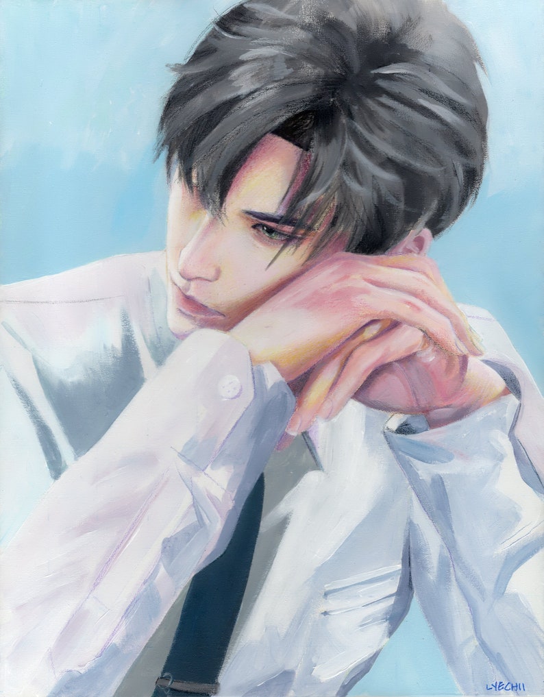 May include: An oil painting depicting a person in a white shirt and dark tie, with dark hair and pale skin. The person is resting their head on their hands, against a light blue backdrop. The artwork is signed in the bottom right corner.
