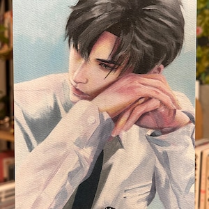 May include: A watercolour portrait depicting a person with dark hair, wearing a white shirt and a black tie. The person is resting their head on their hands, with a contemplative expression. The artwork has a soft, painterly style.