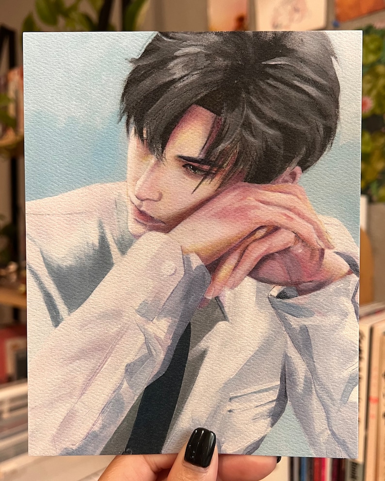 May include: A watercolour portrait depicting a person with dark hair, wearing a white shirt and a black tie. The person is resting their head on their hands, with a contemplative expression. The artwork has a soft, painterly style.