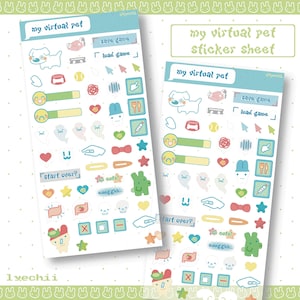 May include: Two sticker sheets titled my virtual pet featuring various icons including a white dog, hearts, stars, ghosts, cursor arrows, progress bars, and text elements like save game, load game, and start over in a pastel color palette.