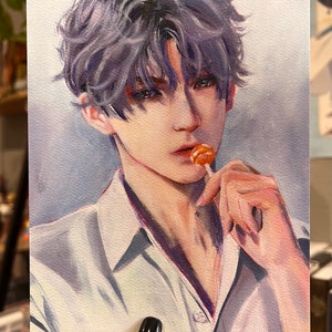 May include: Watercolour portrait of a person with grey hair and a white collared shirt, holding a lollipop. The artwork features soft shading and a focus on the subject's face and expression.