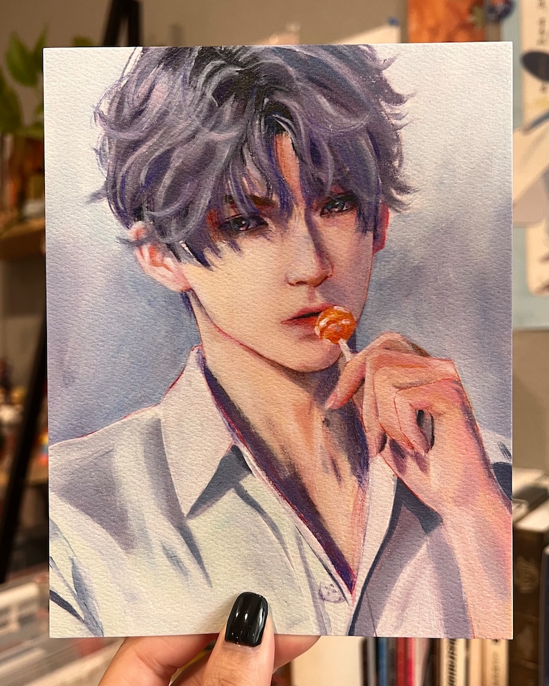 May include: Watercolour portrait of a person with grey hair and a white collared shirt, holding a lollipop. The artwork features soft shading and a focus on the subject's face and expression.