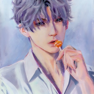 May include: A painting of a person with lilac hair and a white shirt, holding an orange lollipop. The artwork has a soft, painterly style with a light blue background. The artist's signature is in the bottom right corner.