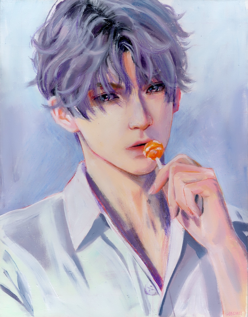May include: A painting of a person with lilac hair and a white shirt, holding an orange lollipop. The artwork has a soft, painterly style with a light blue background. The artist's signature is in the bottom right corner.