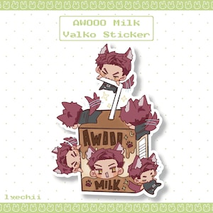 May include: A die-cut sticker featuring a brown milk carton labeled AWOOO MILK with five small, maroon-haired wolf-eared characters interacting with it. One character hangs from a white straw, while others climb the sides of the carton.