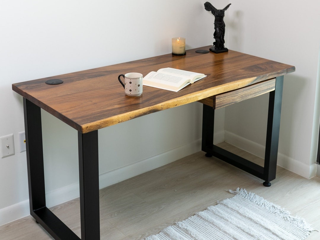 Computer Desk Walnut Live Edge Desk With Metal Legs and Drawer, Wood ...