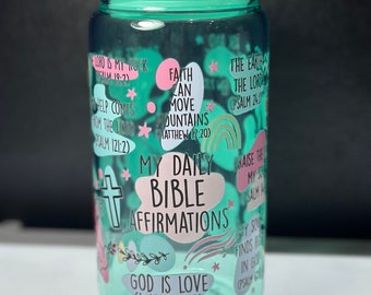 Bible Affirmations 16 oz Green Glass Cup with Plastic Straw