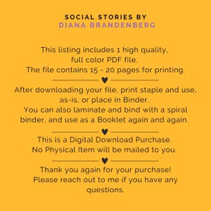 Op de afbeelding: Een gele achtergrond met zwarte tekst die "SOCIAL STORIES BY DIANA BRANDENBERG" luidt. De tekst hieronder legt uit dat deze vermelding een hoogwaardige, full-color PDF-bestand bevat met 15-20 pagina's om te printen. De tekst legt ook uit dat dit een digitale download aankoop is en dat er geen fysiek item wordt verzonden.