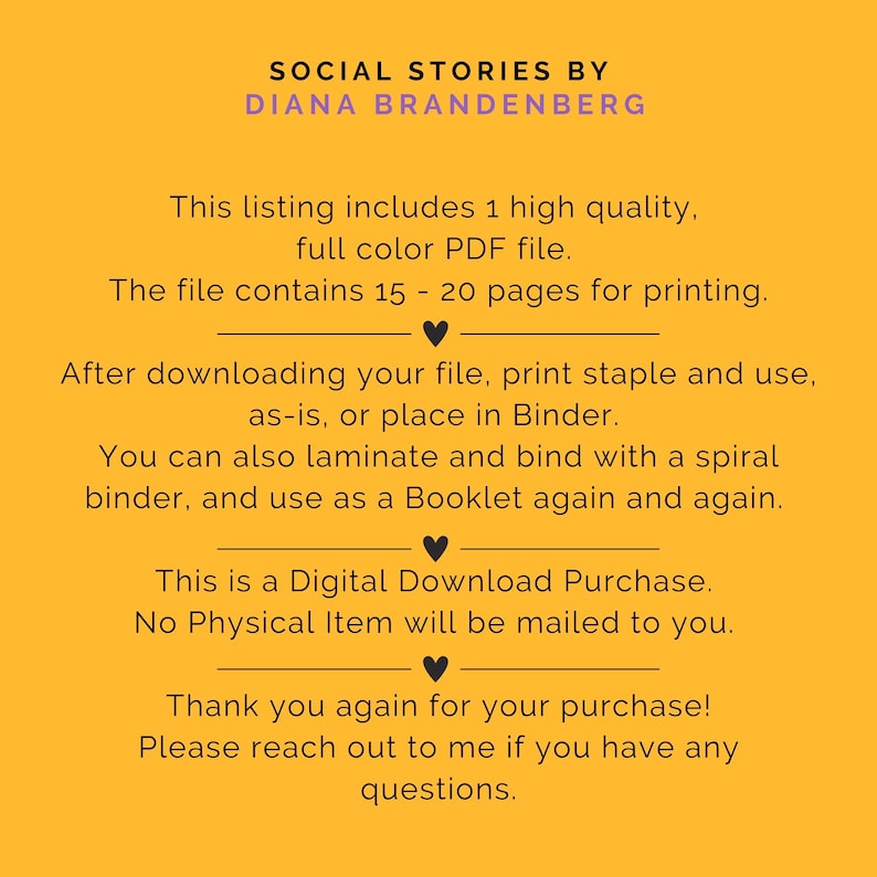Op de afbeelding: Een gele achtergrond met zwarte tekst die "SOCIAL STORIES BY DIANA BRANDENBERG" luidt. De tekst hieronder legt uit dat deze vermelding een hoogwaardige, full-color PDF-bestand bevat met 15-20 pagina's om te printen. De tekst legt ook uit dat dit een digitale download aankoop is en dat er geen fysiek item wordt verzonden.