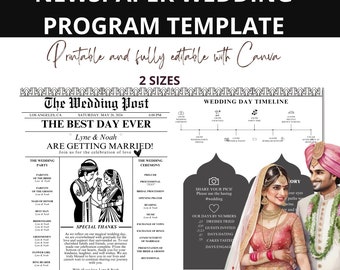 Hinduistische Hochzeitseinladung, Zeitungshochzeitsankündigung, Canva-Hochzeitseinladung, bearbeitbare Zeitungsvorlage
