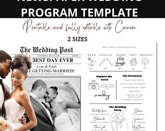 Krantenhuwelijksprogramma, trouwkrant van 4 pagina's, huwelijksaankondiging in de krant, aanpasbare huwelijksuitnodiging