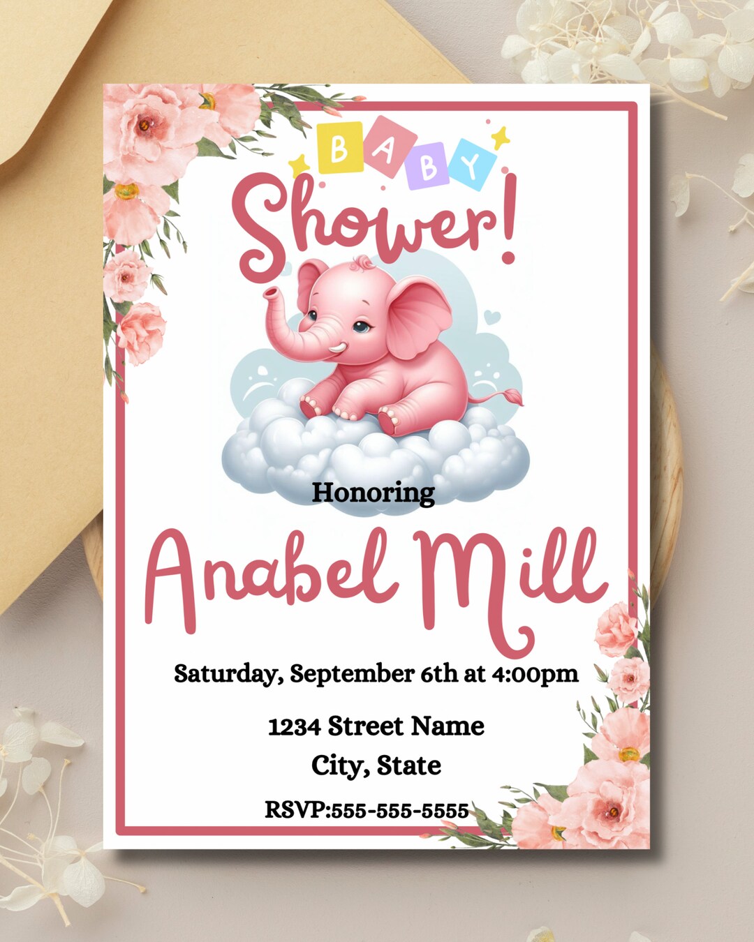 Pink Elephant Baby Shower Invitation | Girl Template (digital Download ...