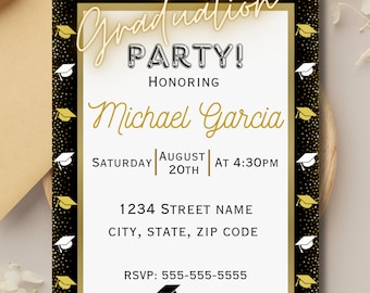 Graduation Party Digital Download | Template | 5x7 | invitations | black and gold | download-edit-print