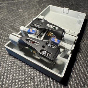 May include: Two black and silver Pioneer DJ cartridges in a gray plastic storage case.