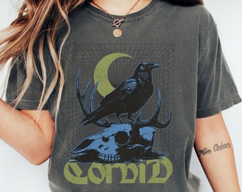 Comfort Colors - &quot;Corvid&quot; Skull Crow Crescent Moon Shirt - Goblincore Shirt, Dark Cottagecore, Spooky Season, Gothic Clothes