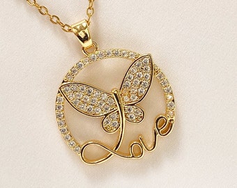 Collier papillon plaqué or pour femme - Collier pendentif amour - Bijoux délicats remplis d'or - Collier avec pierres précieuses de zircon - Cadeau pour elle