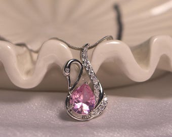 Silver Swan Pendant Necklace: Pink Zircon Gemstone, Gold Plated