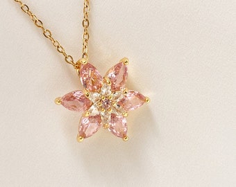 Pink Daisy Necklace - Dainty Flower Jewelry With Zircon Gemstone - Elegant Floral Pendant Necklace - Gold Filled Daisy Necklace For Wife