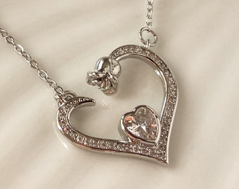 Bijoux en forme de fleur et de coeur - Collier en argent sterling - Collier en forme de coeur - Collier avec rose - Bijoux romantiques - Cadeau pour elle