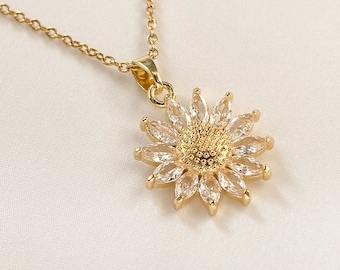 Collier marguerite élégant pour femme - Collier avec pendentif fleur en zircon - Bijoux floraux plaqué or - Collier en argent sterling 925 - Cadeau pour elle