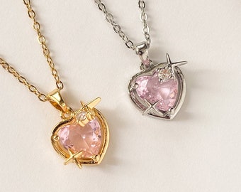 Pink Heart Women Necklace - Pink Diamond Gold Necklace - 925 Sterling Silver Women Necklace With Pink Zircon Gemstone - Necklace For Women