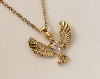 18K Gold Filled Bird Pendant Jewelry - Flying Bird Necklace With Chick Zircon Gemstone - Dainty Animal Jewelry - Diamond Bird Necklace