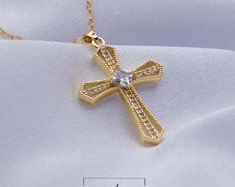 Gold Cross Necklace with Zircon: Christian Prayer Pendant