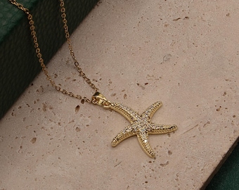Collier étoile de mer en plaqué or 18 carats : pendentif en zircone gemme, bijoux de plage, cadeau pour elle