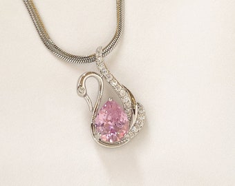 Zwaan hanger ketting in zilver-vergulde zwaan ketting - elegante zilveren zwaan sieraden - ketting voor vrouwen met roze zirkoon edelsteen