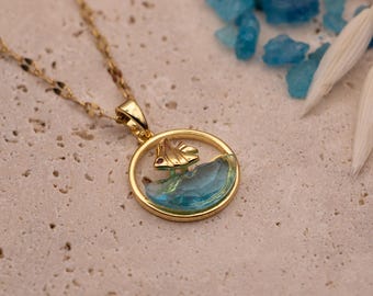 Gold Plated Fish Necklace: Stainless Steel Ocean Wave Pendant - Gift for Wife