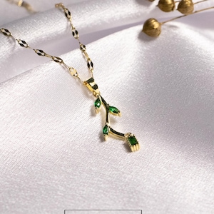 Gold Branch Necklace: Emerald Green CZ Leaf Pendant