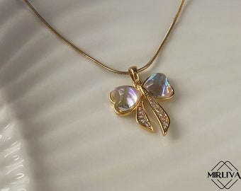 Dainty Delicate Ribbon Necklace in Gold - Ribbon Necklace Pendant - Stylish Bow Pendant With Gemstone - Bow Tie Jewelry For Gift