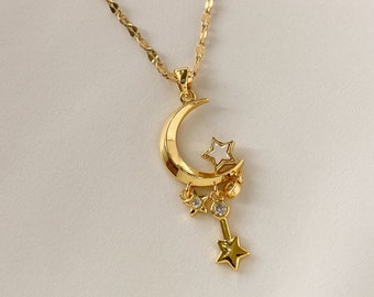 Moon and Stars Necklace - Celestial Pendant - Unique and Elegant Necklace - Stylish Moon and stars Jewelry - 18K gold plated Solid Necklace