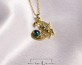 Zircon Unicorn Necklace: Gold Moon & Stars Pendant, Stainless Steel
