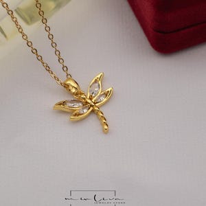 14Kゴールドメッキトンボネックレス - ダイヤモンドトンボペンダントジュエリー - 幸運のお守りギフト