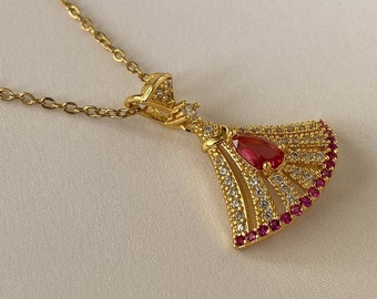 Red Zircon Gemstone Jewelry - 18K Gold Plated Necklace - Elegant Pendant with Diamond - Dainty Diamond Gold Necklace - Best Gift for Her