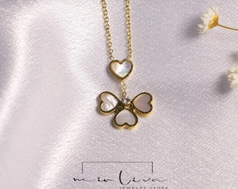 Four Leaf Clover Necklace: Heart Quartz & Stainless Steel Shamrock