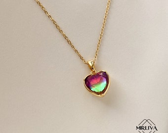 18k Gold Plated Emerald Pendant Necklace - Heart Shape Red Diamond Jewelry - Crystal Heart Necklace - Gift For Her