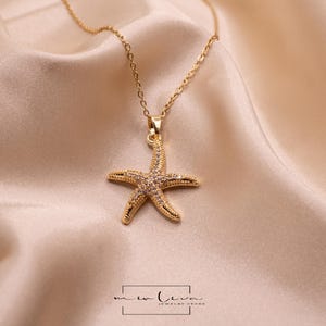 Gold Starfish Necklace: Zircon Gemstone Pendant, Beach Jewelry