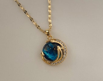 Blue Zircon Gemstone Jewelry * Celestial Pendant * World and Stars Necklace * Stainless Steel * Gold Plating Necklace