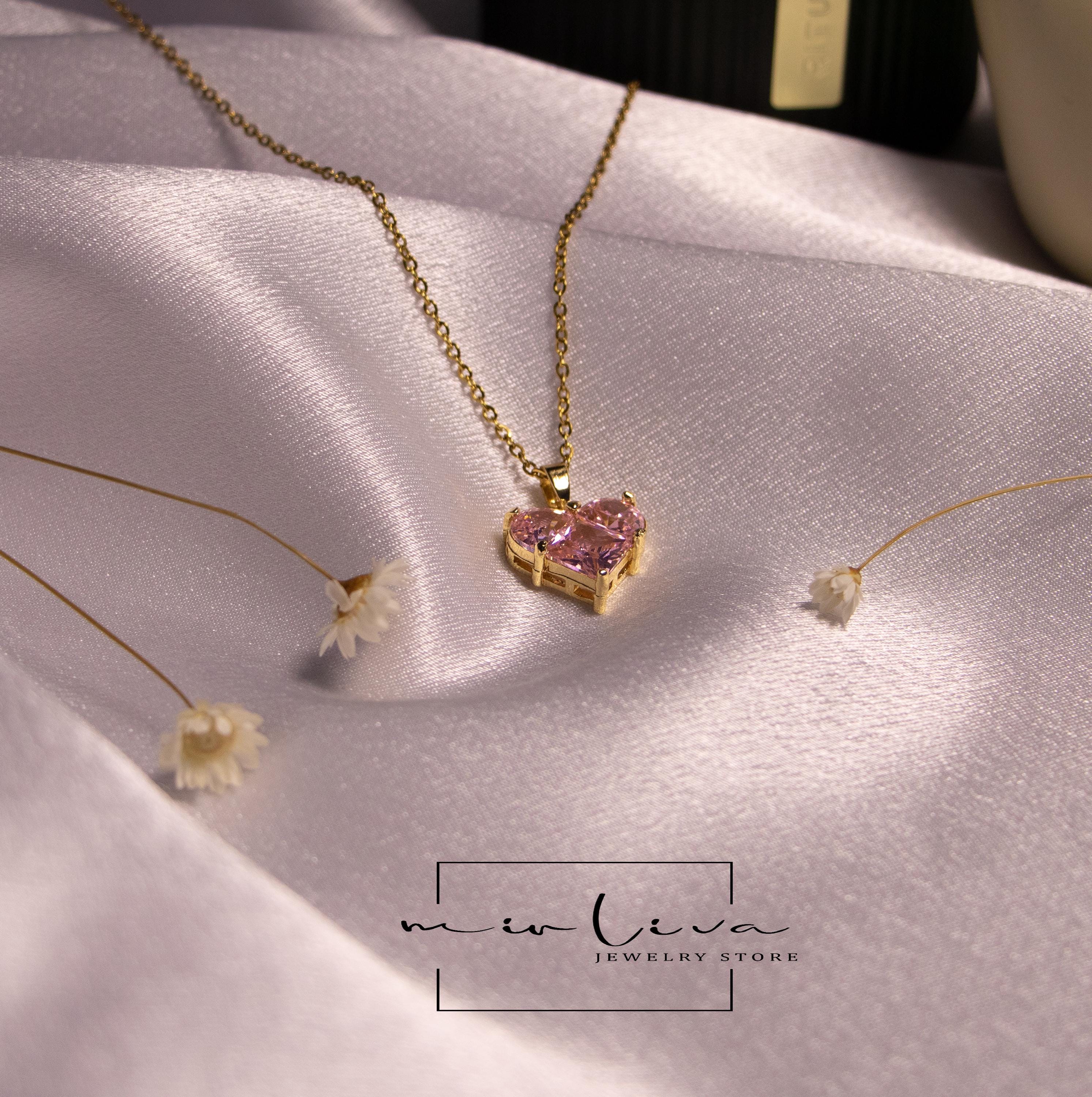 Collana Donna Con Ciondolo A Cuore Placcato Oro Rosa 18K - Acciaio Inossidabile (Lunghezza 45+5 Cm)