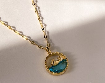 Whale Figured Blue Zircon Necklace - Minimalist Blue Zircon Jewelry with Gold Whale