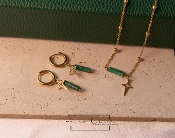 Gold Plated North Star Necklace & Earring Set - Green Opal Jewelry
